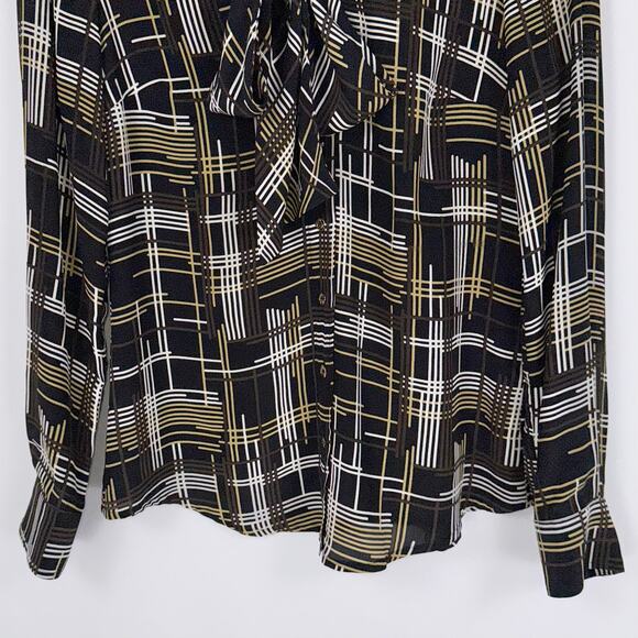 Trina Turk Women's Dame Abstract Plaid 100% Silk Tie Blouse Size 2 Black - Picture 5 of 12